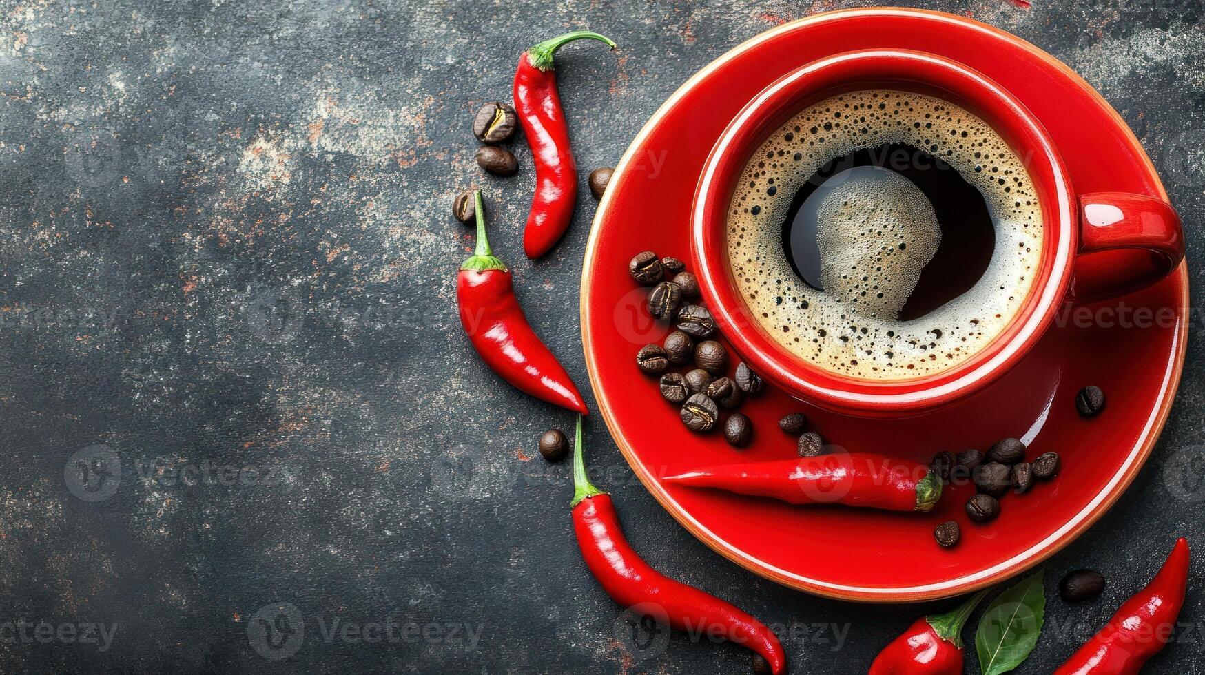 A cup of coffee and chili peppers on a table photo