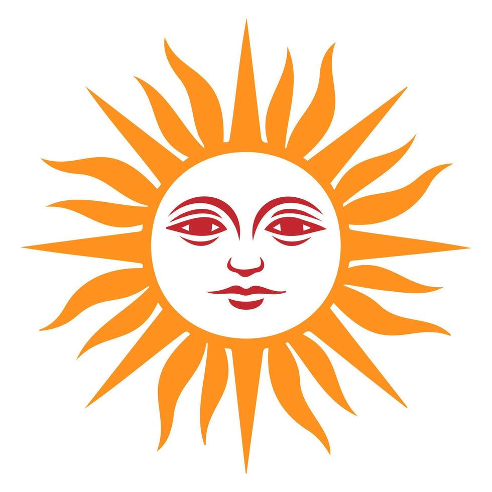 Sun illustration with face and radiant sunbeams in vibrant orange and white colors against a plain background vector
