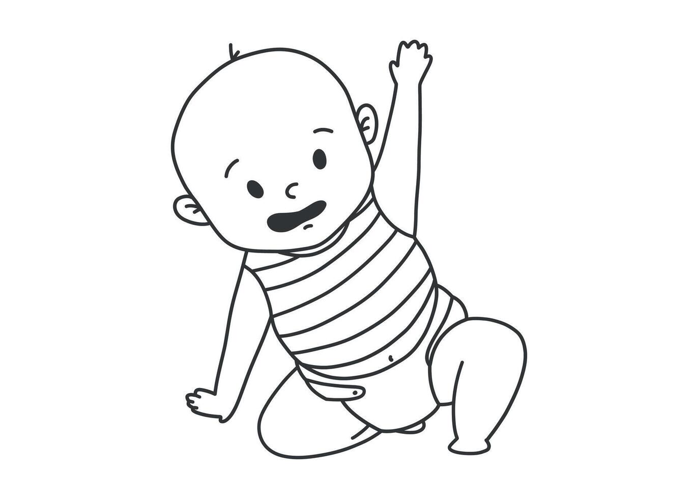 Black and white line doodle illustration of a newborn baby boy in a diaper, sitting or crawling. Minimalist hand drawn character isolated on white background. vector