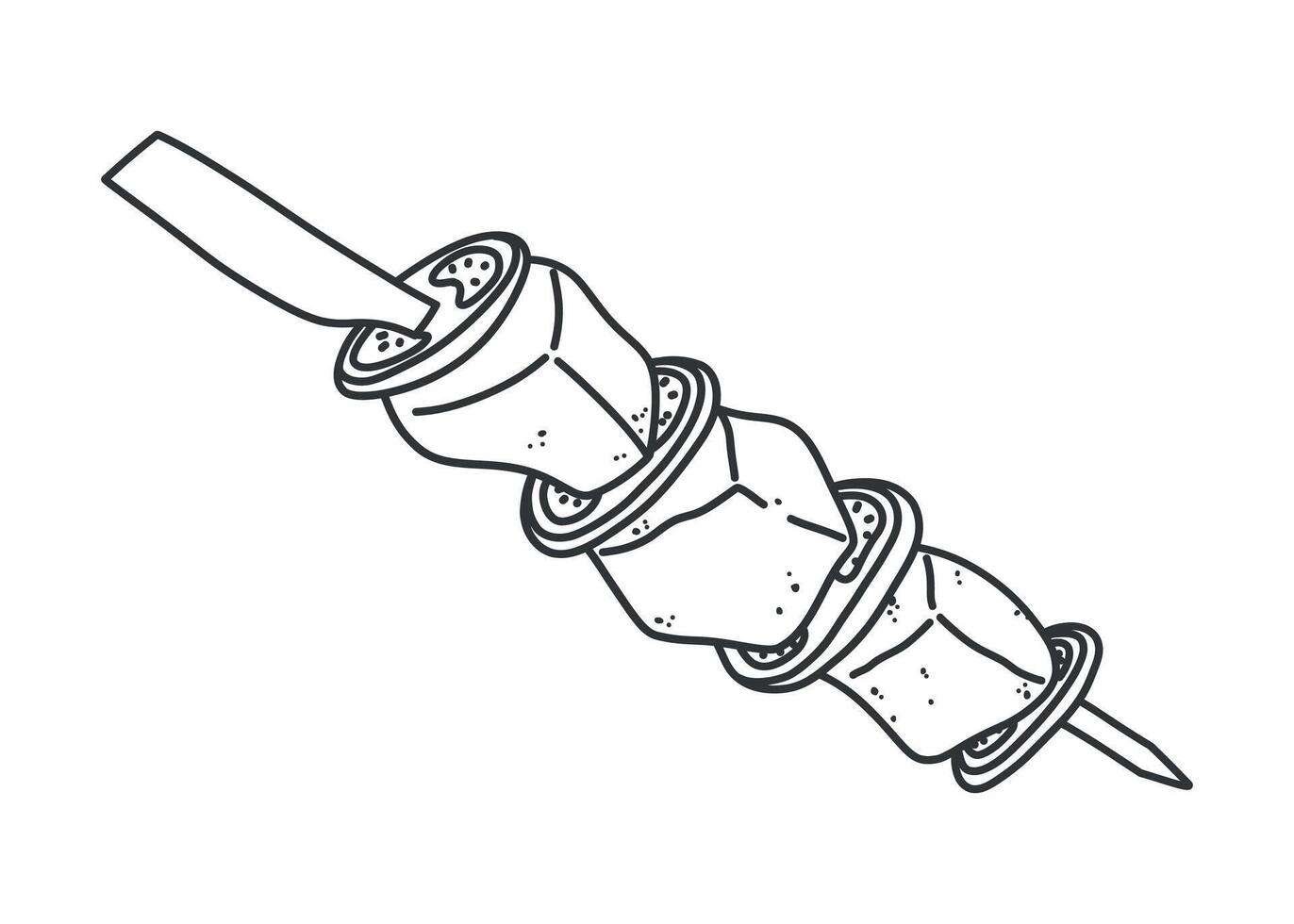 Line art doodle of Turkish shashlik with meat and tomatoes on skewer. Hand drawn black and white sketch of traditional shish kebab. Isolated for food design and culture themes. vector