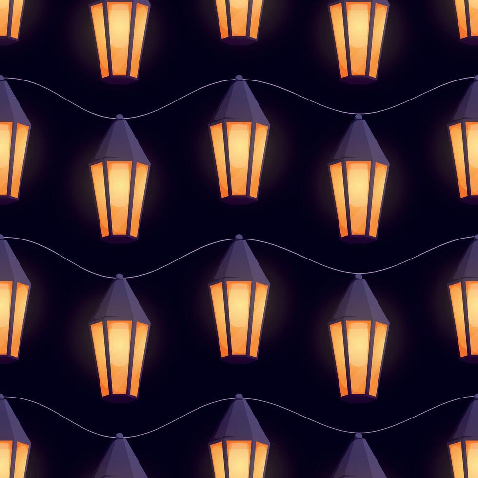 Seamless pattern with vintage glowing lanterns. Repeating warm orange lights with dark tops. Cozy fairytale cartoon design for textiles, wrapping paper, or festive backgrounds. vector