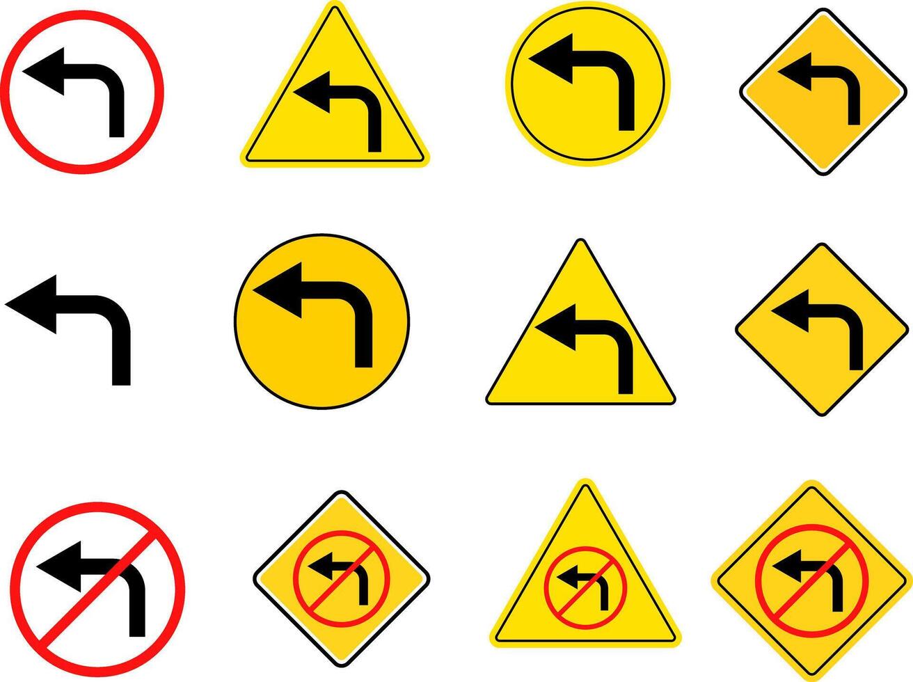 Turn Left and no turn left sign set. driving navigation icon. traffic direction and Road safety. warning road sign vector
