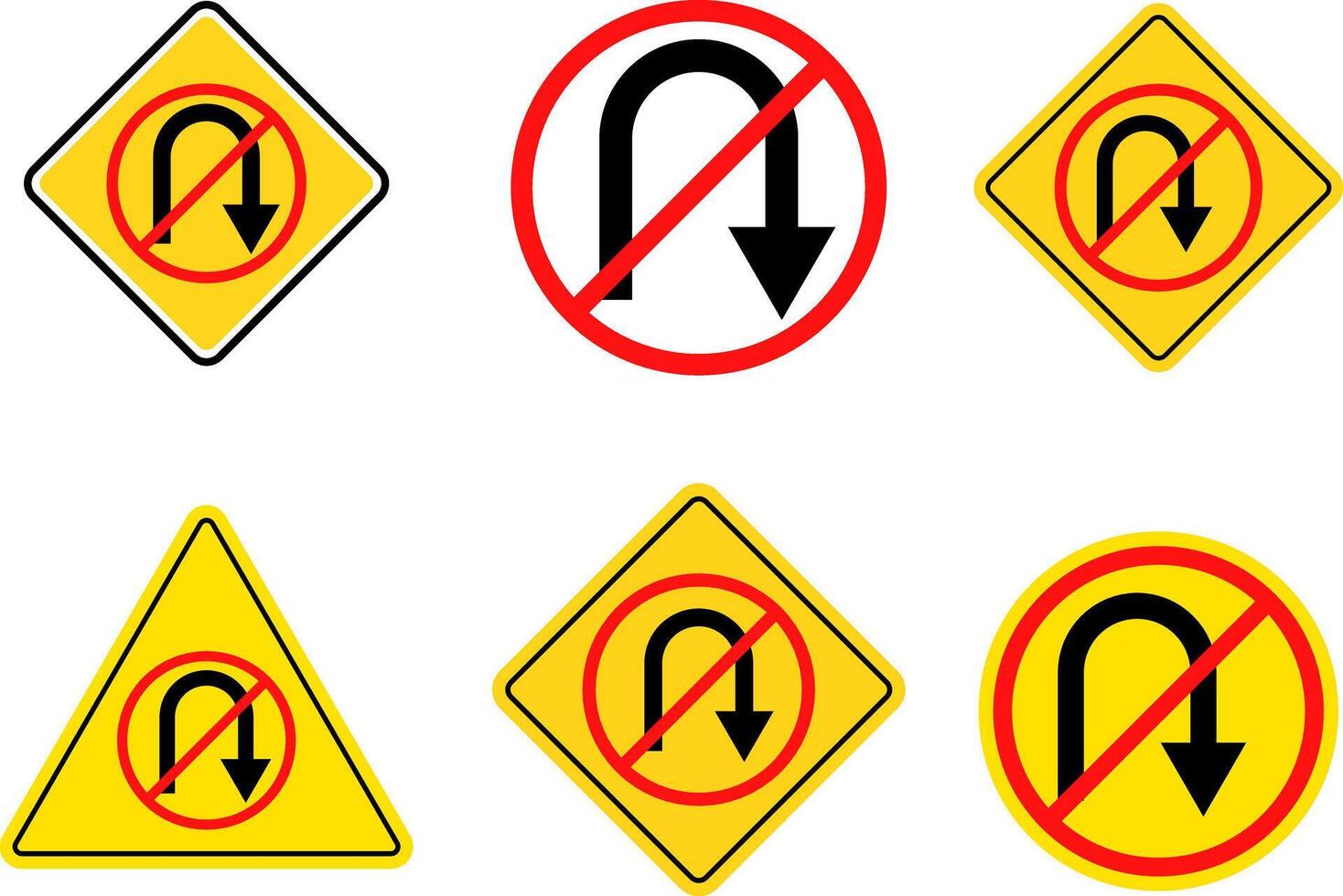 No U turn sign set. prohibitory traffic signs. red crossed out circle symbol. driving navigation icons. arrow pointing to the right. Turning right prohibited vector
