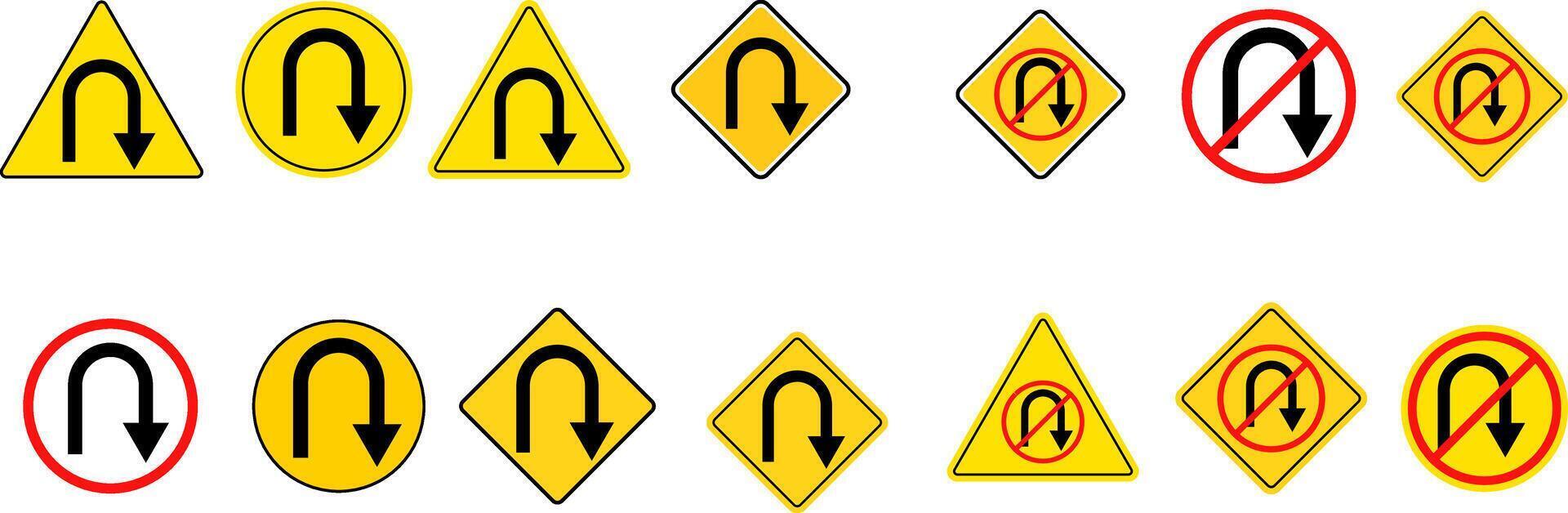 U Turn and no u turn sign set. driving navigation icon. traffic direction and Road safety. warning road signs vector