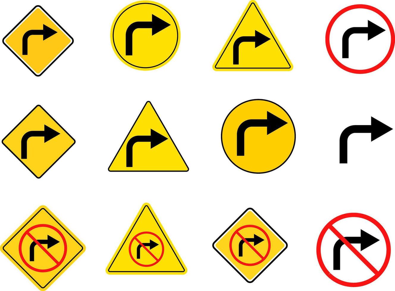 Turn Right and no turn right sign set. Arrow Sign Direction Icon. Road sign indicates. redo process. road signpost symbol vector