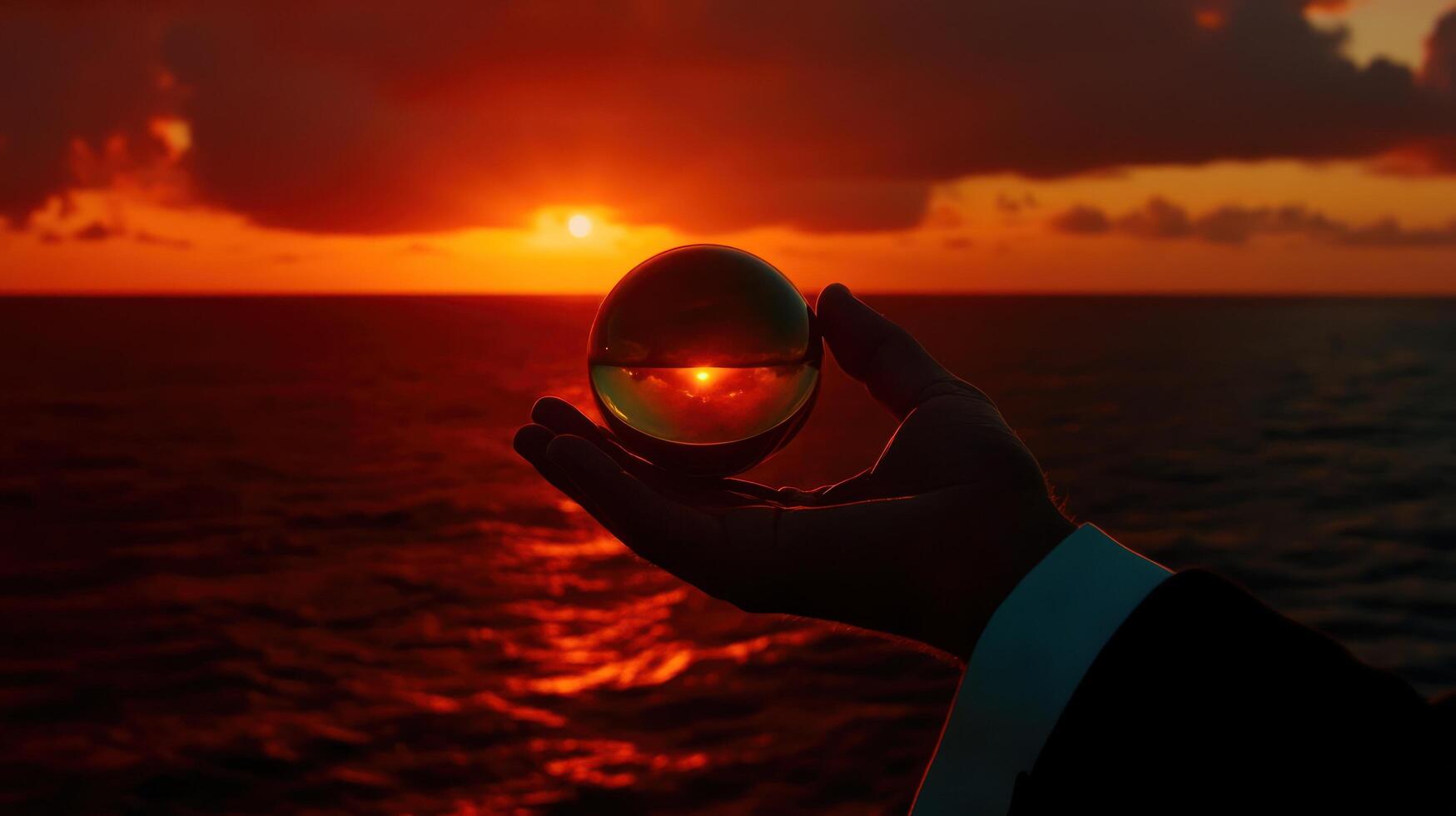 A person holding an egg in front of the ocean at sunset photo