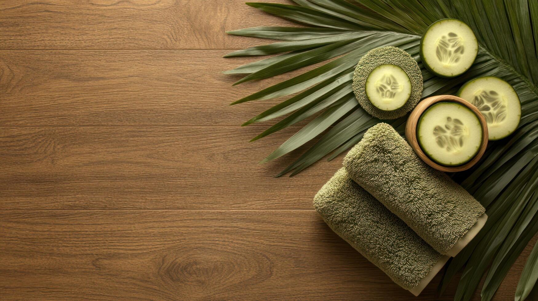 Cucumber slices and a towel on a wooden table photo