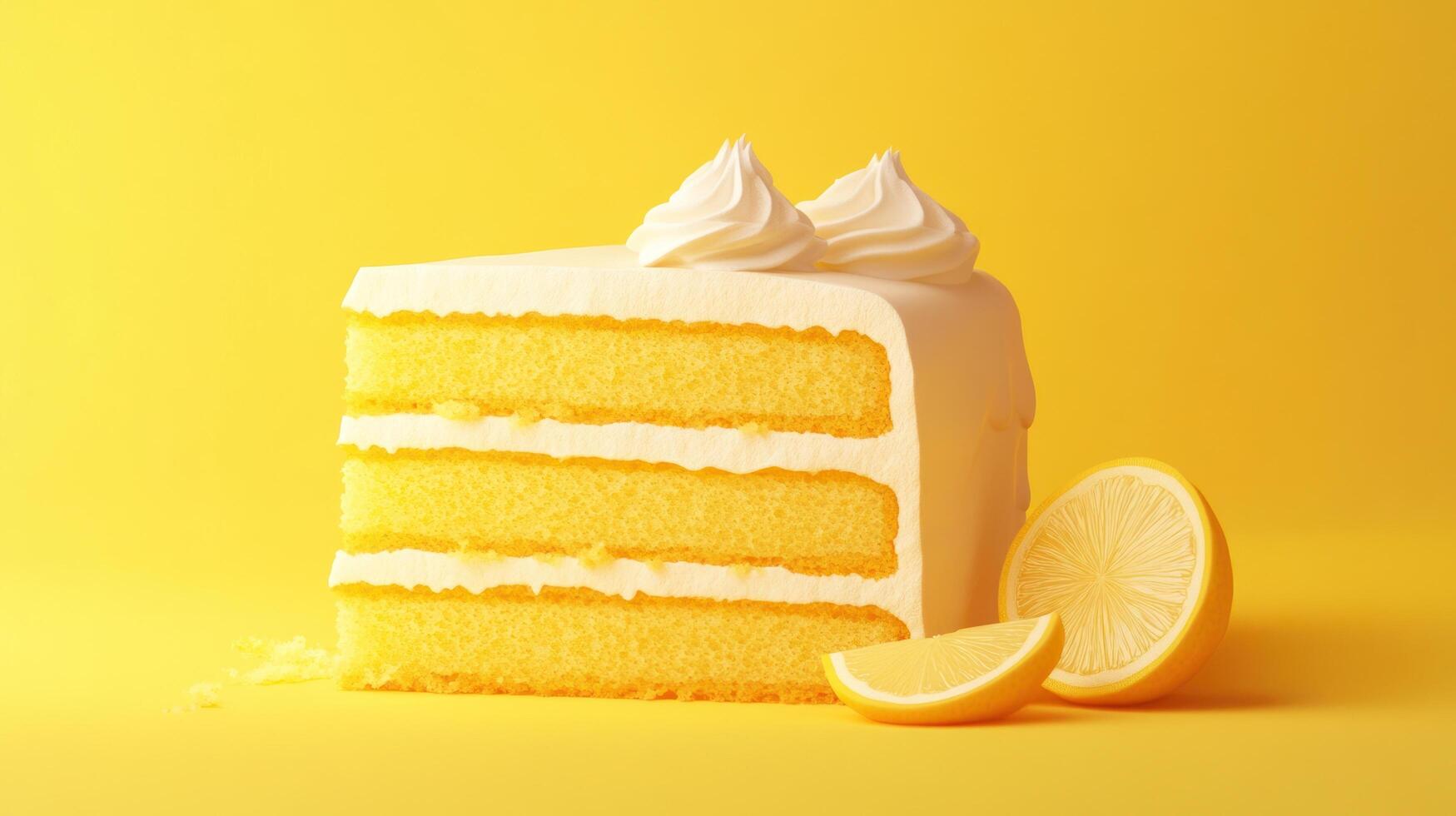 A piece of cake with lemon slices on a yellow background photo