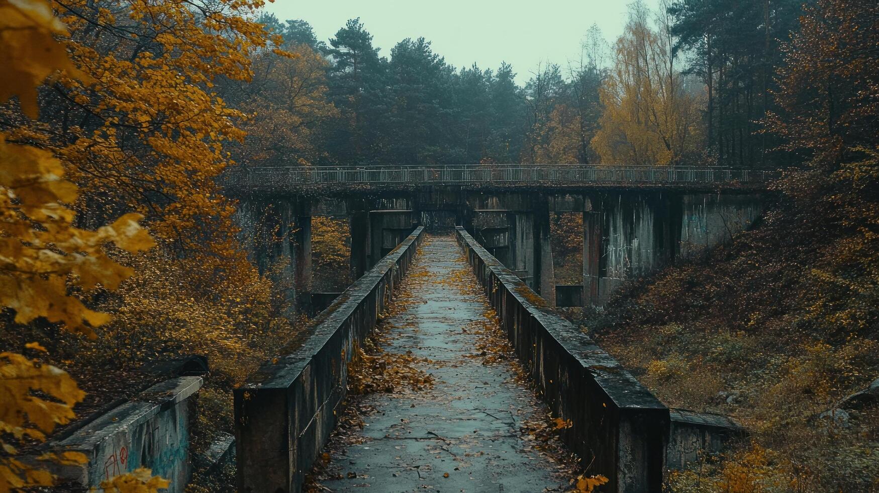 An abandoned bridge in the woods with autumn leaves photo
