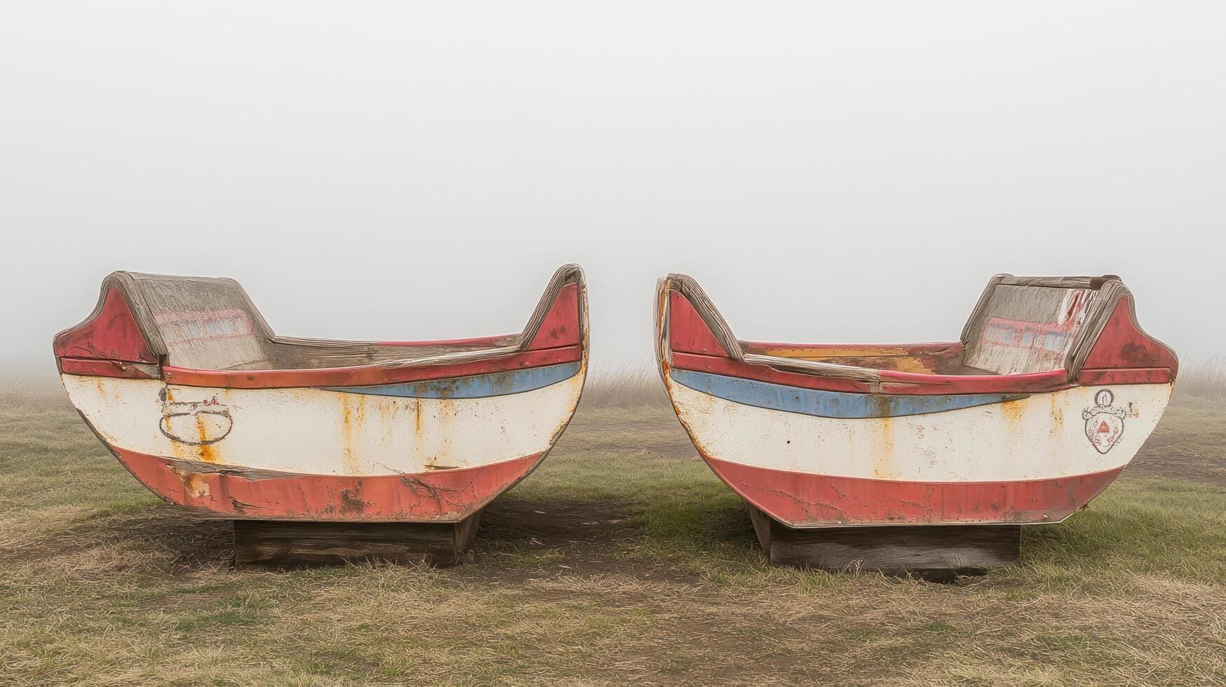 Two boats sitting on top of a grassy field photo