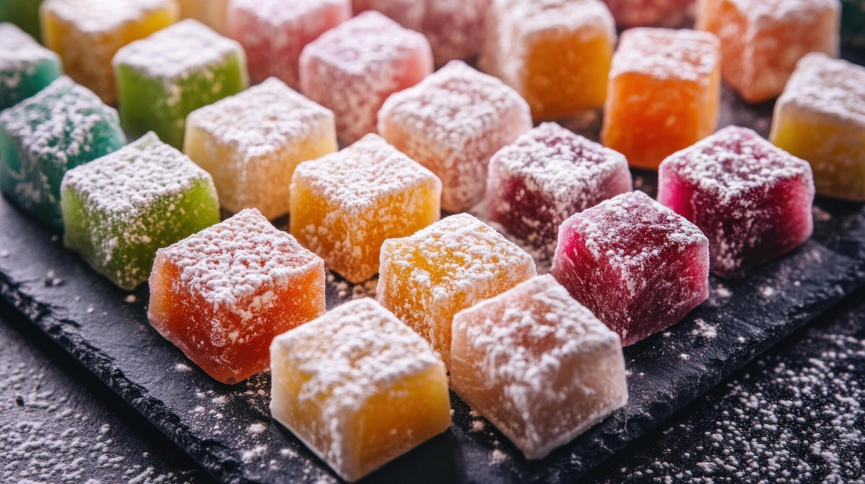 Colorful jellies on a black plate with powdered sugar photo
