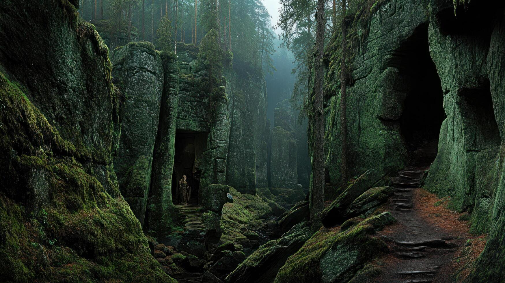 A narrow path through a forest with mossy rocks photo