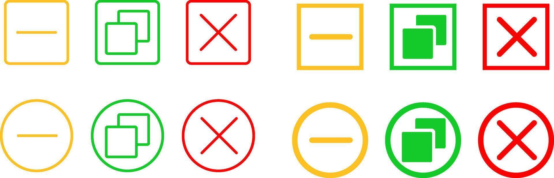 Maximize and minimize close window button. Web buttons for software and application. Close windows sign. Browser window control buttons vector