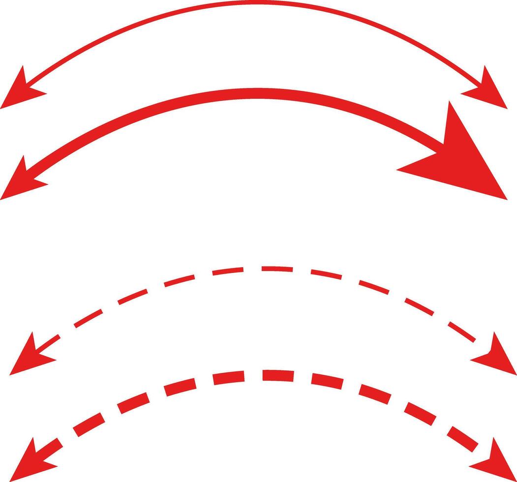 red Dual semi circle dashed line arrow set. Double headed curved arrow symbol. Semicircular curved. Replaceable design. two side arrow icons vector