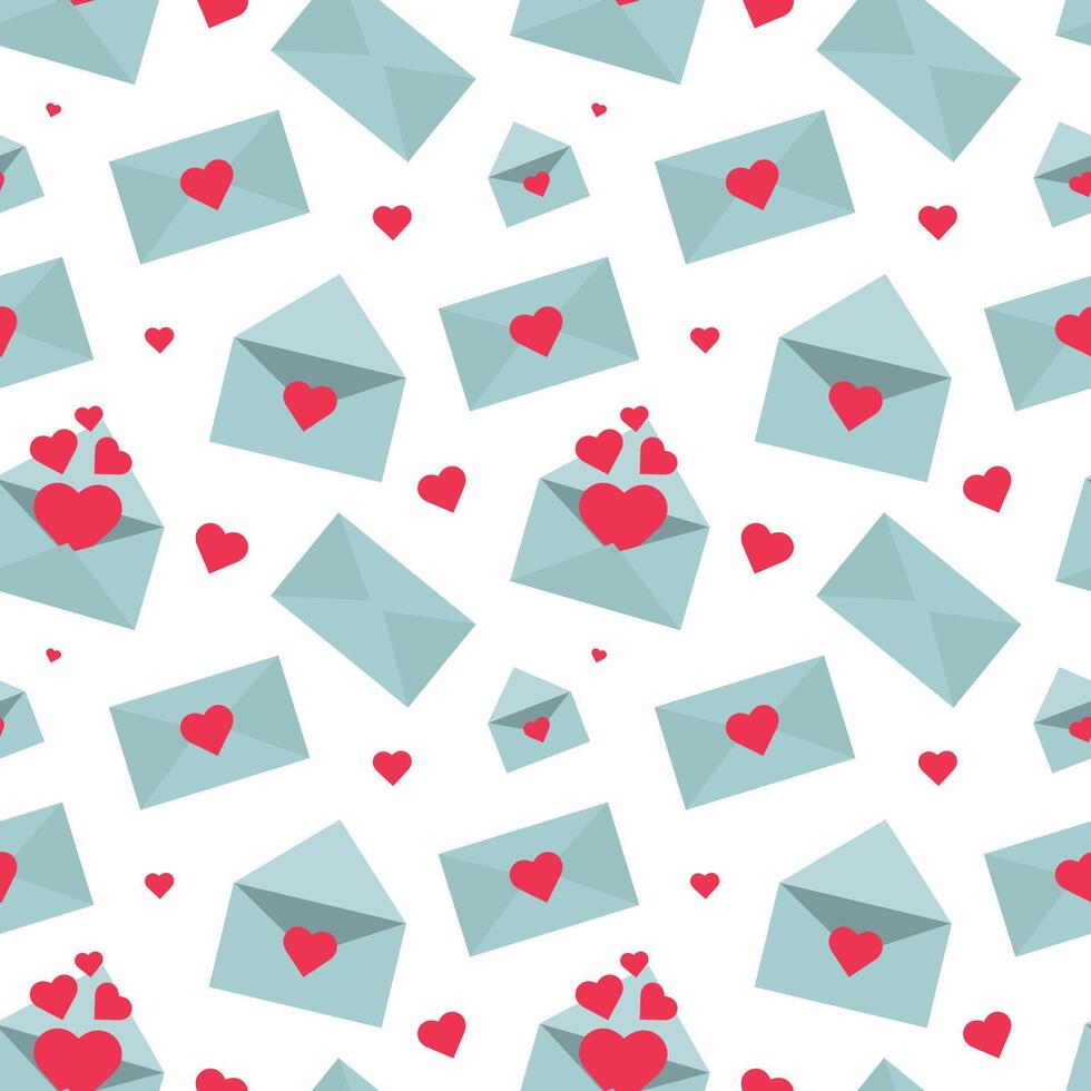 Seamless pattern of light blue envelopes decorated with bright red hearts, some of which are open and overflowing with symbols of love. vector