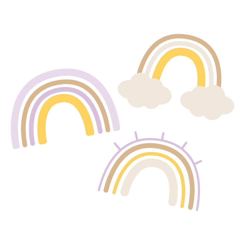 The illustration of the rainbow is made in soft pastel shades. One rainbow is accompanied by fluffy white clouds at the end, while the other has playful rays. vector