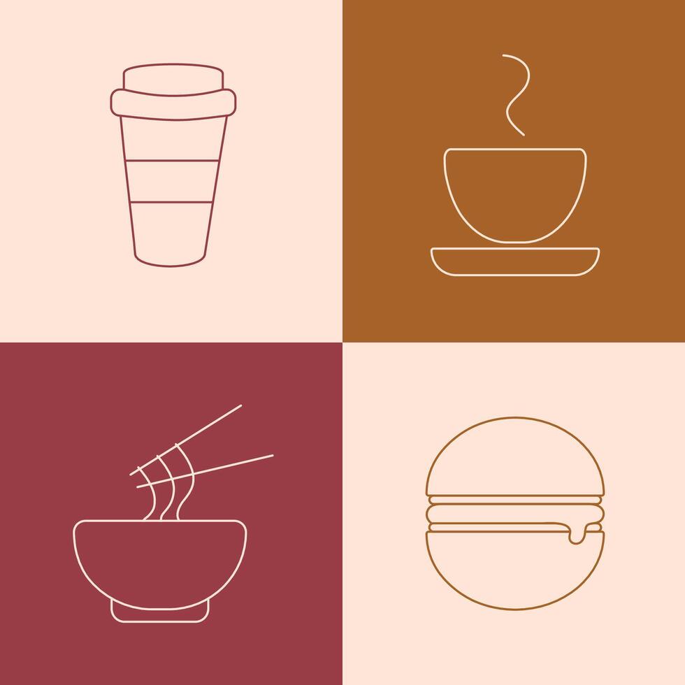 A set of icons with images of various food and beverages. A takeaway coffee cup, a tea cup with a saucer, a plate of noodles with chopsticks, and a juicy burger. vector