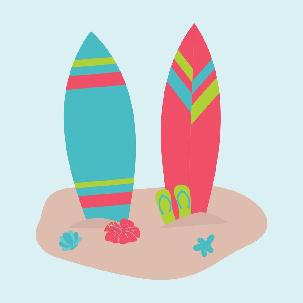 A vivid illustration with two colorful surfboards standing vertically on the sand, a pair of green flip-flops, a red hibiscus flower and small blue tropical plants, vector