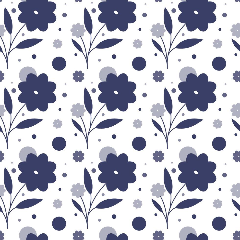 Seamless pattern on a white background with dark blue flowers with rounded petals, small light gray flowers and dark blue and light gray dots. vector