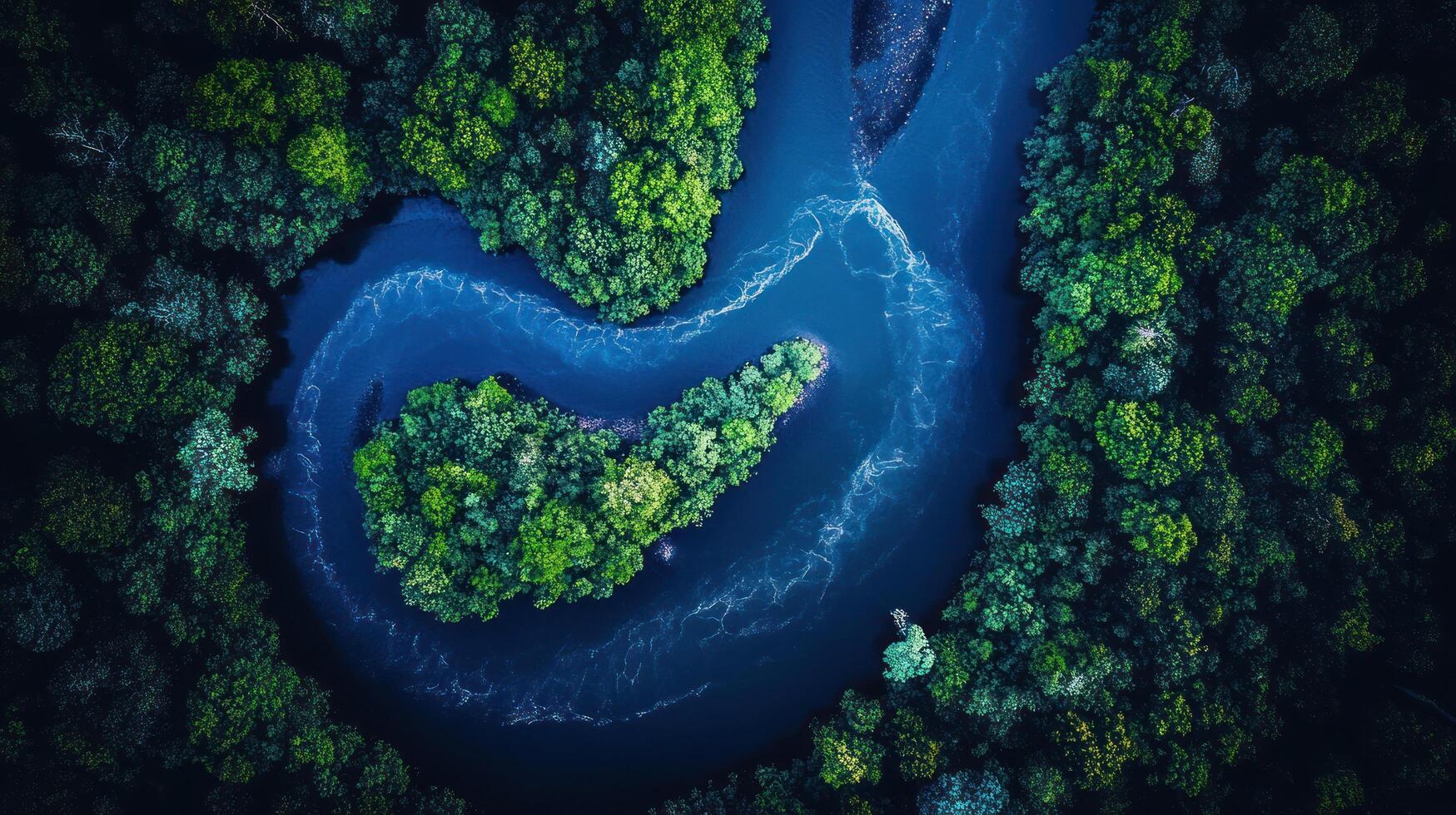 An aerial view of a river flowing through a forest photo