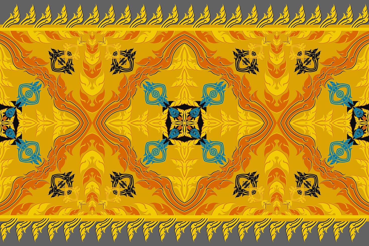 Intricate gold Thai pattern textile with ancient motifs, traditional art decoration on vintage fabric. vector