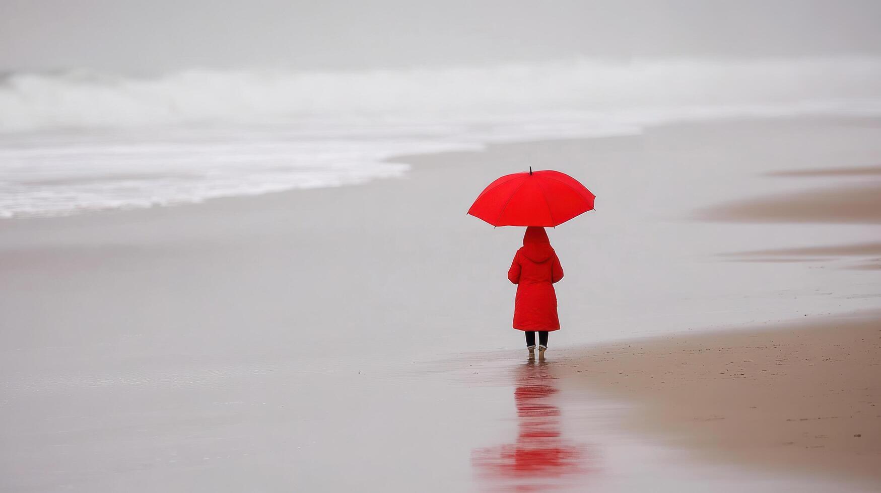 A person in a red coat standing on the beach with an umbrella photo
