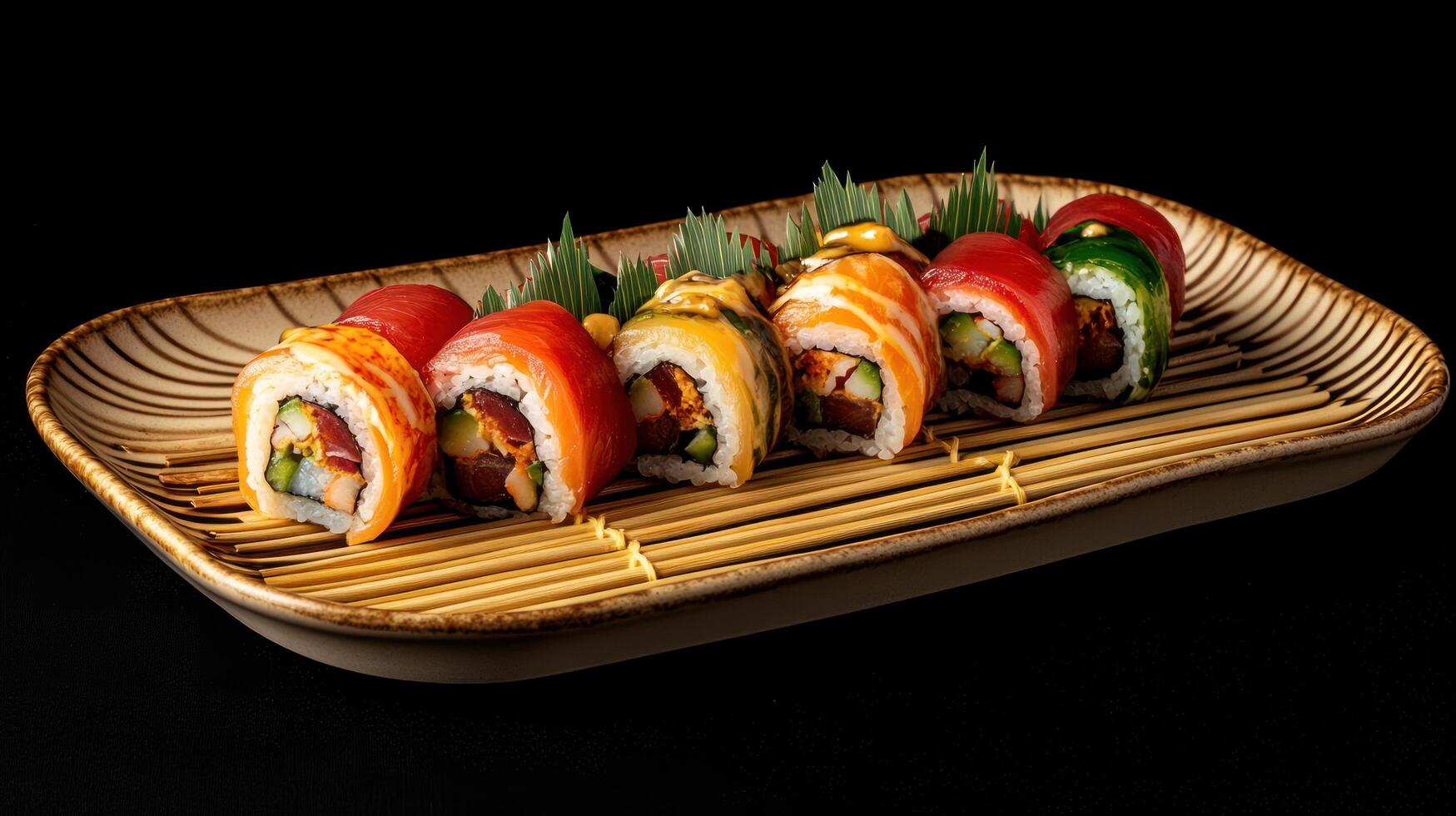 A wooden tray with sushi rolls on it photo