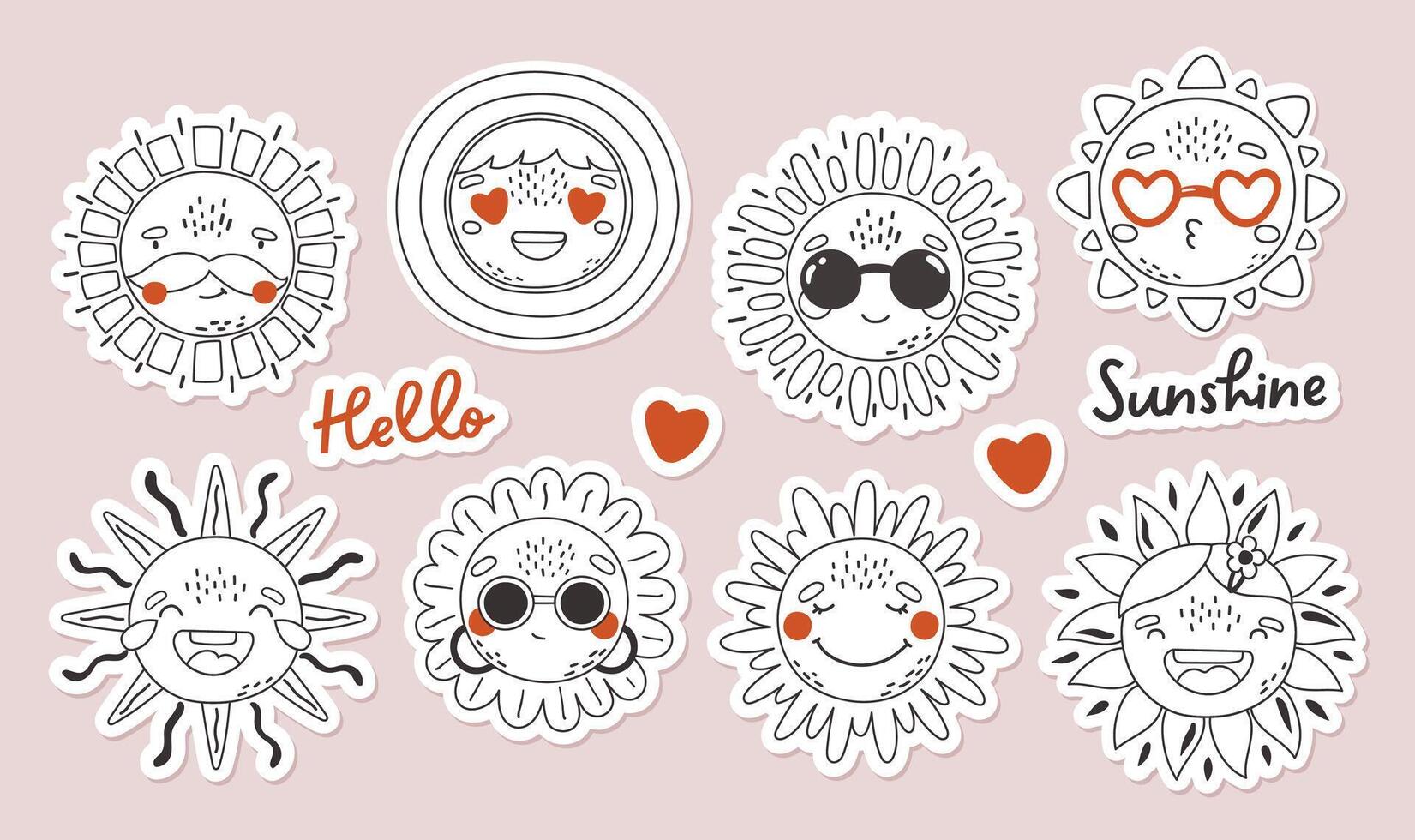 Cute sun outline, stickers art vector