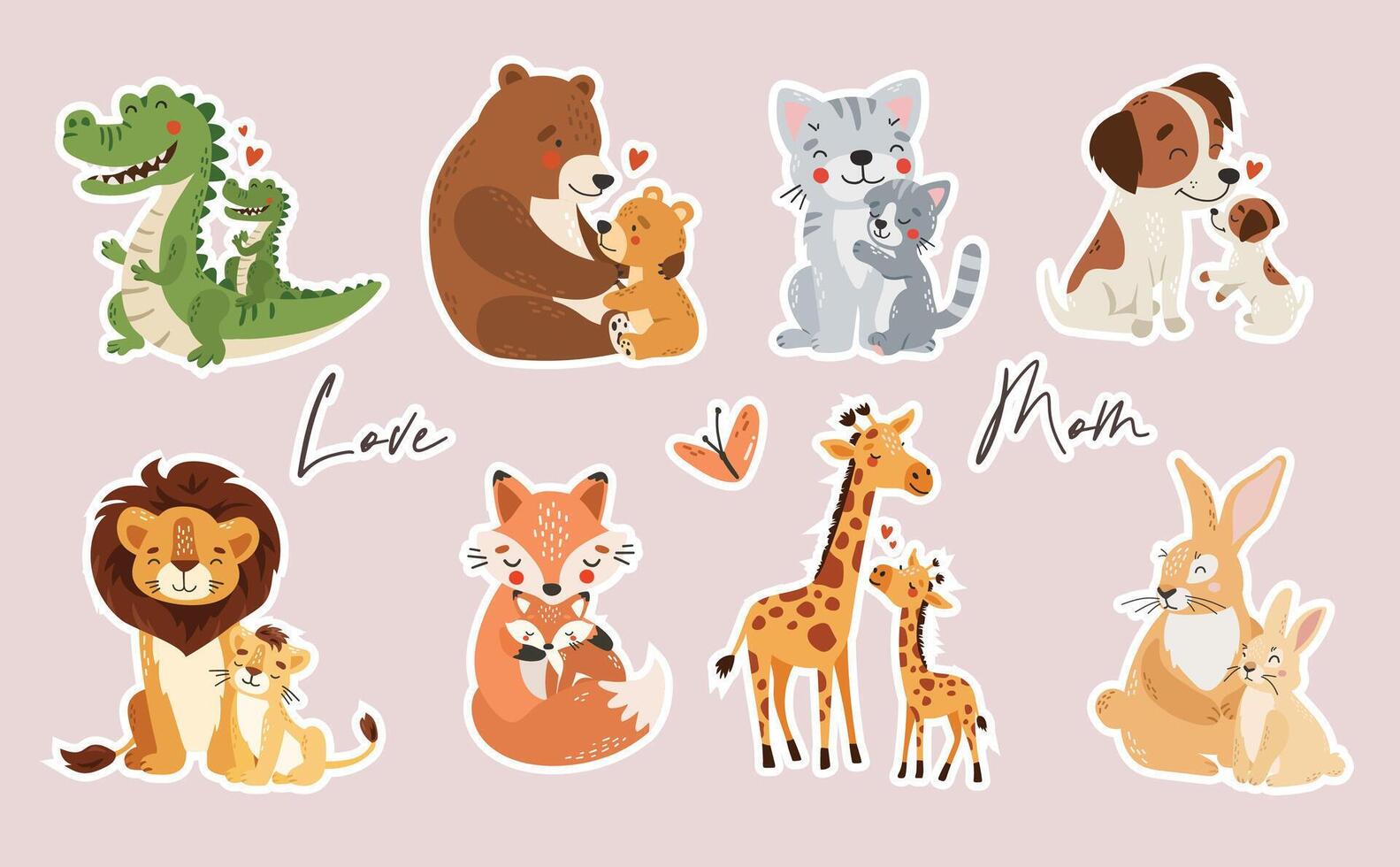 Mom and baby animals stickers vector