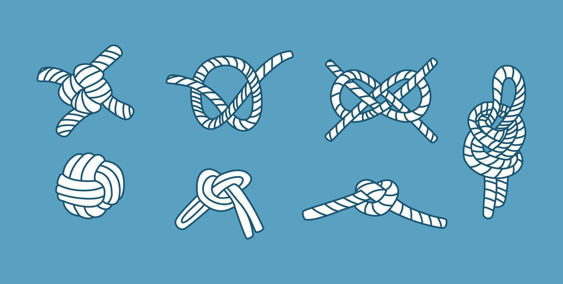 Set illustrations of white nautical rope knots on blue background. vector