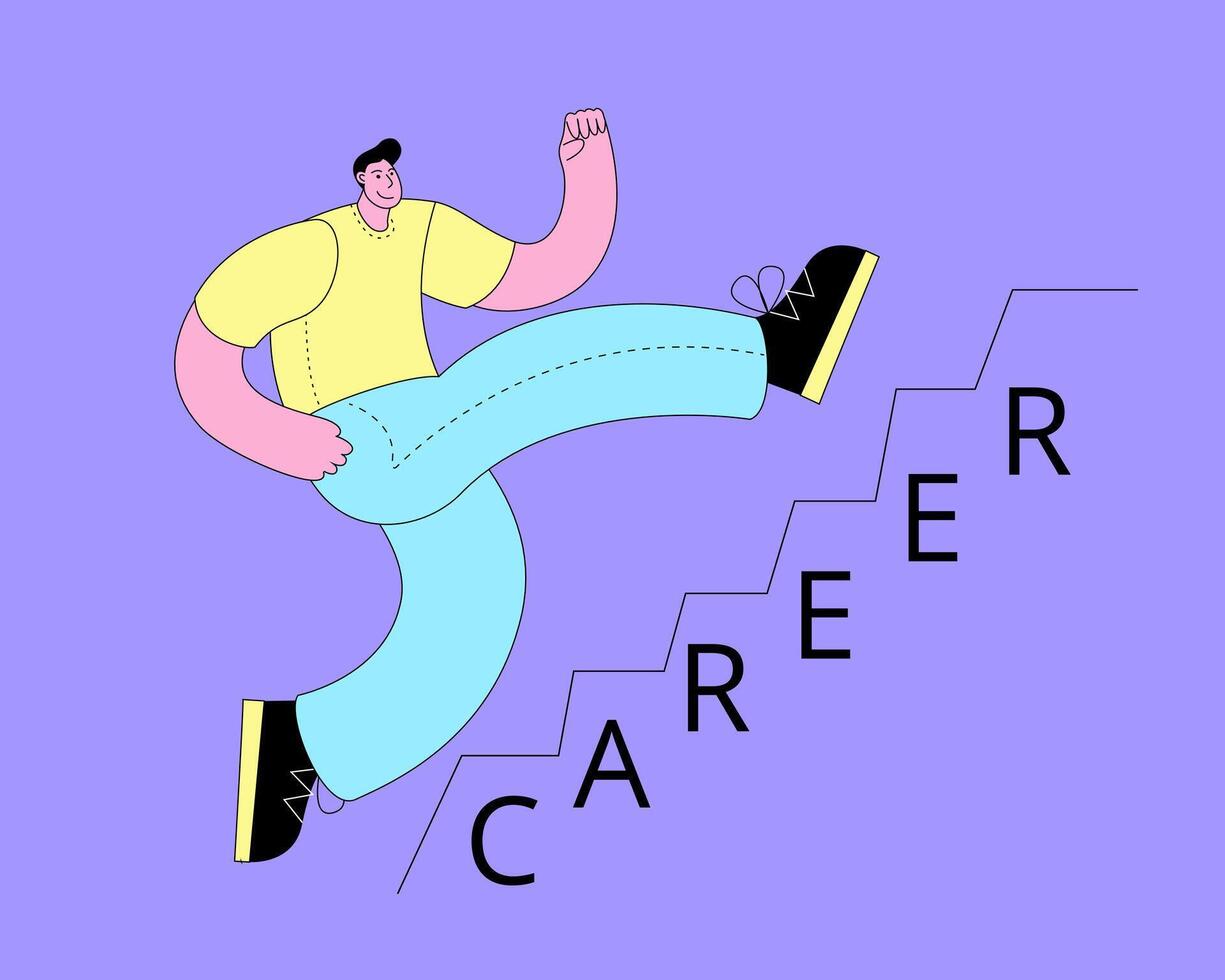 A man in casual clothes is running up the career ladder. vector