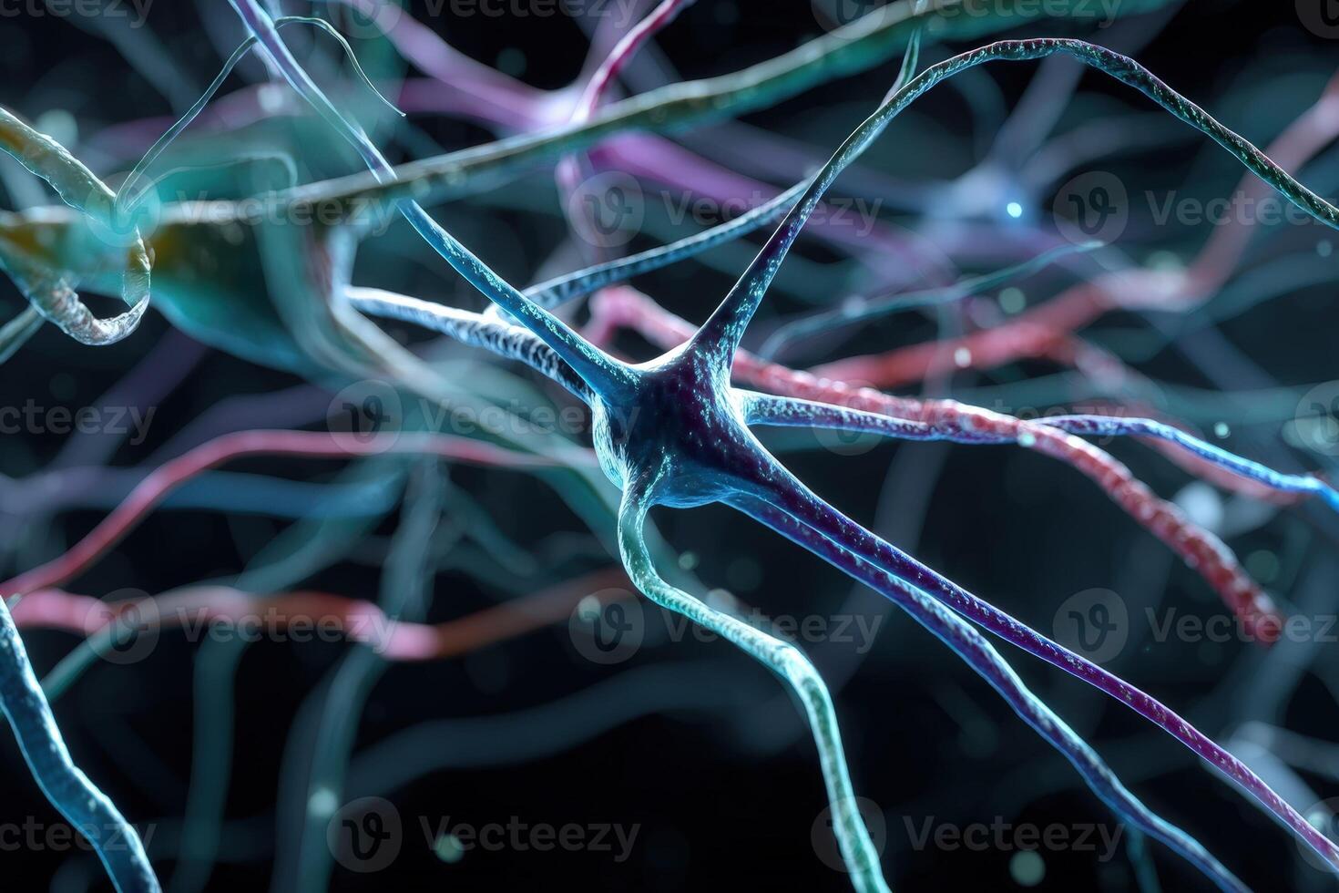 Detailed close-up of interconnected neurons with vibrant colors highlighting the complex neural network, showcasing intricate branches and synapses on a dark backdrop photo