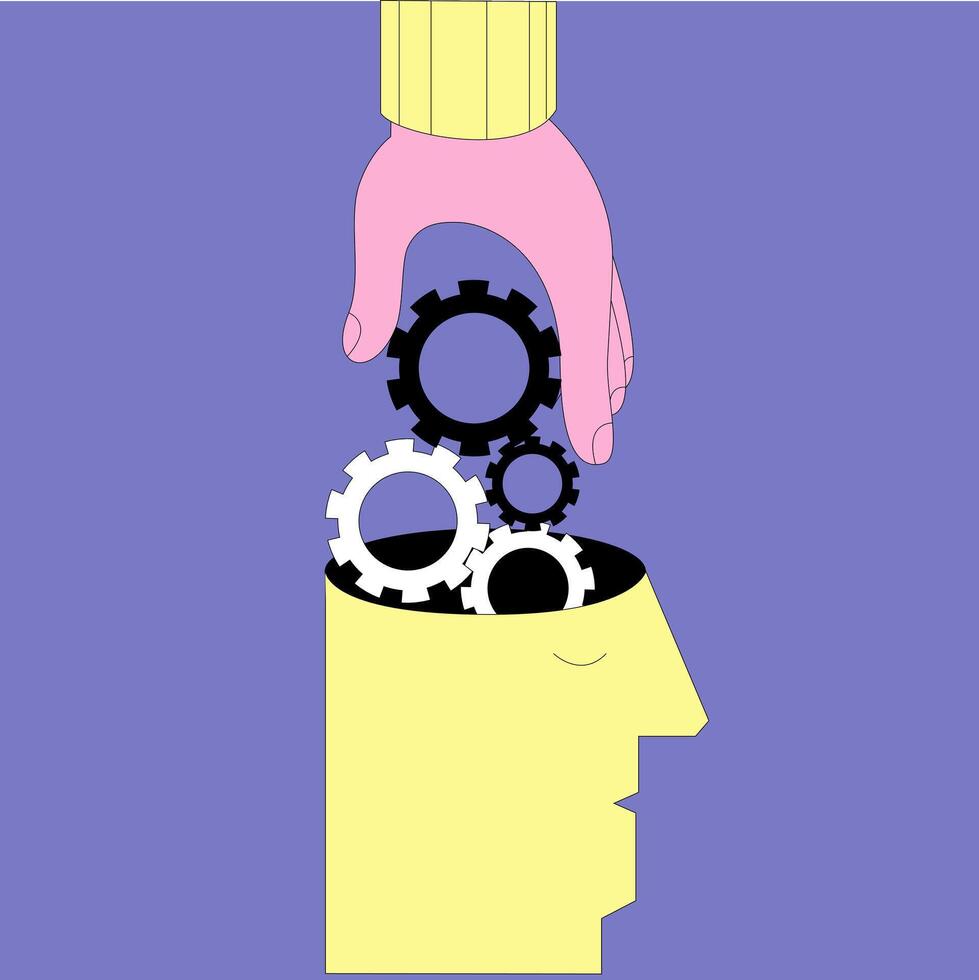 Human hand inserting mechanisms into AI head. vector