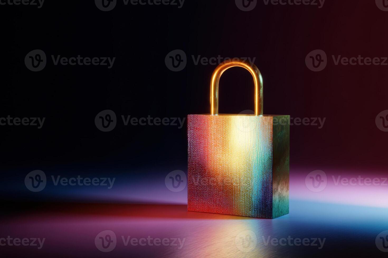 Golden padlock with a textured multicolored surface is illuminated in the darkness, showcasing its shine and vivid gradient hues, casting a subtle reflection on the surface below photo