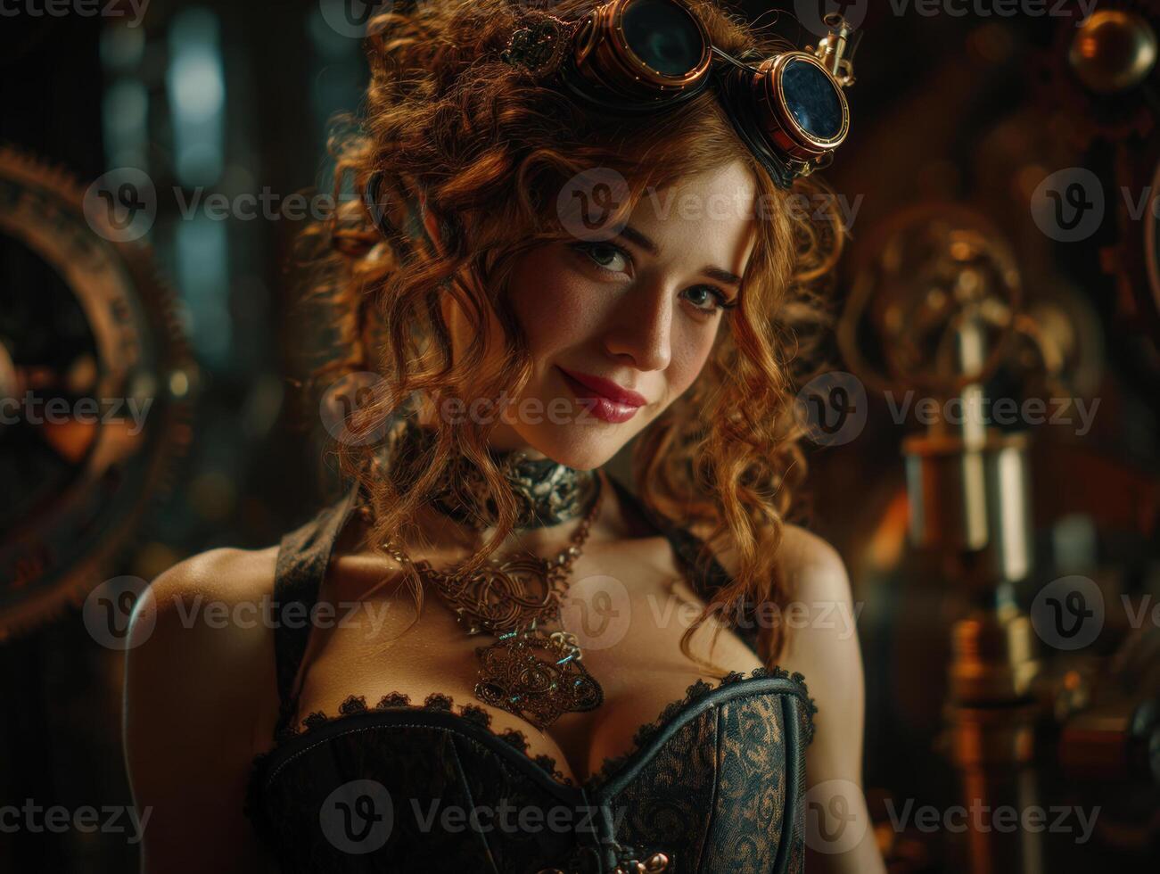 Curly-haired woman in a detailed corset adorned with chains and goggles. Steampunk setting with intricate machinery and gears visible in the background, giving a vintage industrial vibe photo