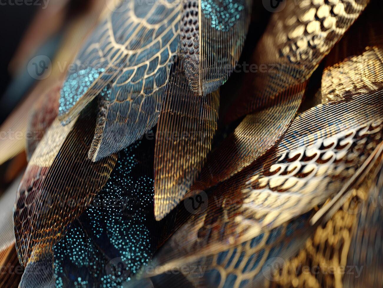 Close-up view of overlapping, intricately patterned feathers with a mix of metallic gold and iridescent blue, showcasing detailed textures and natural beauty. No text visible photo