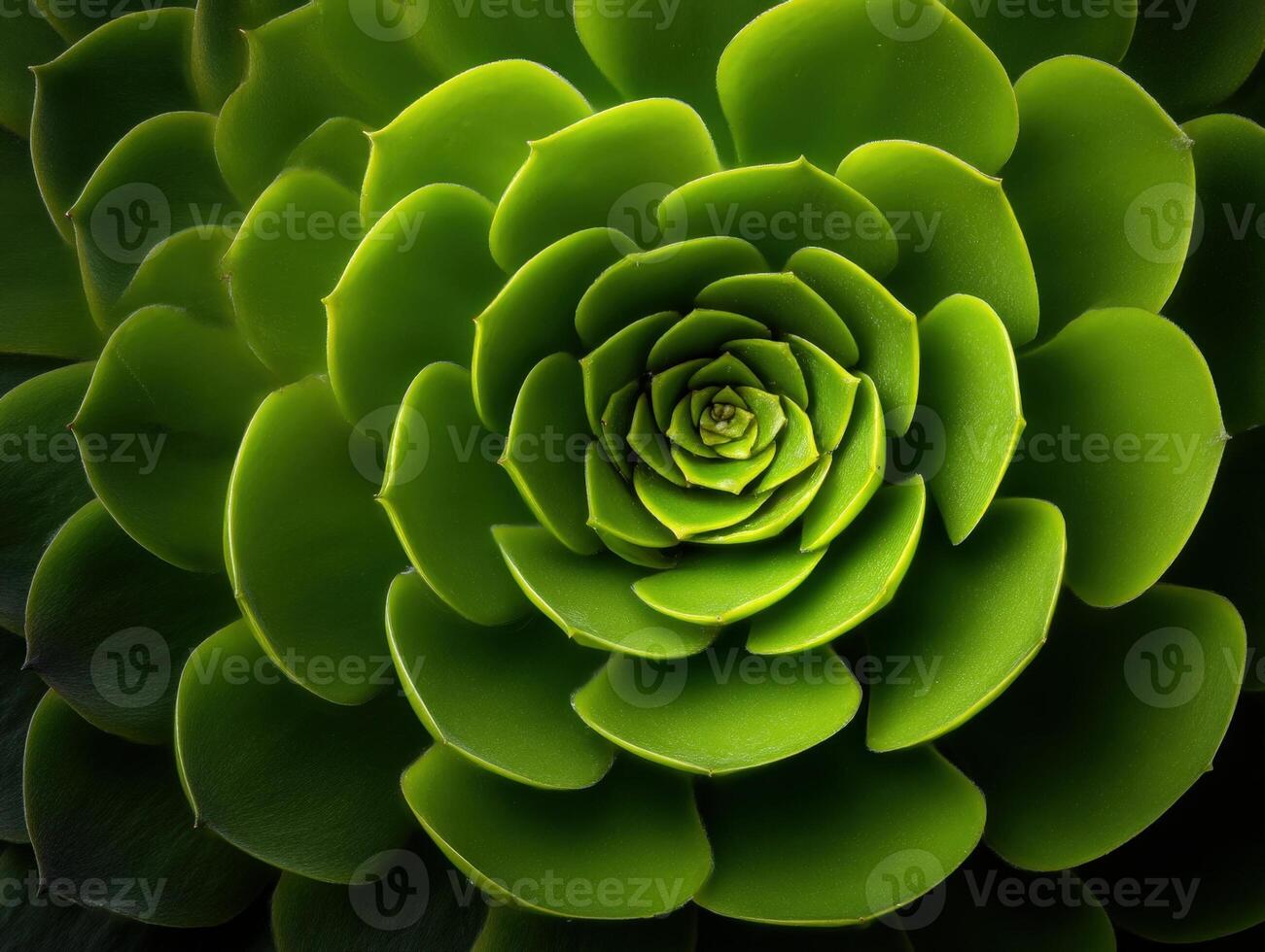 Green succulent plant with layers of pointed oval leaves forming a symmetrical rosette pattern, displaying multiple shades of vibrant green photo