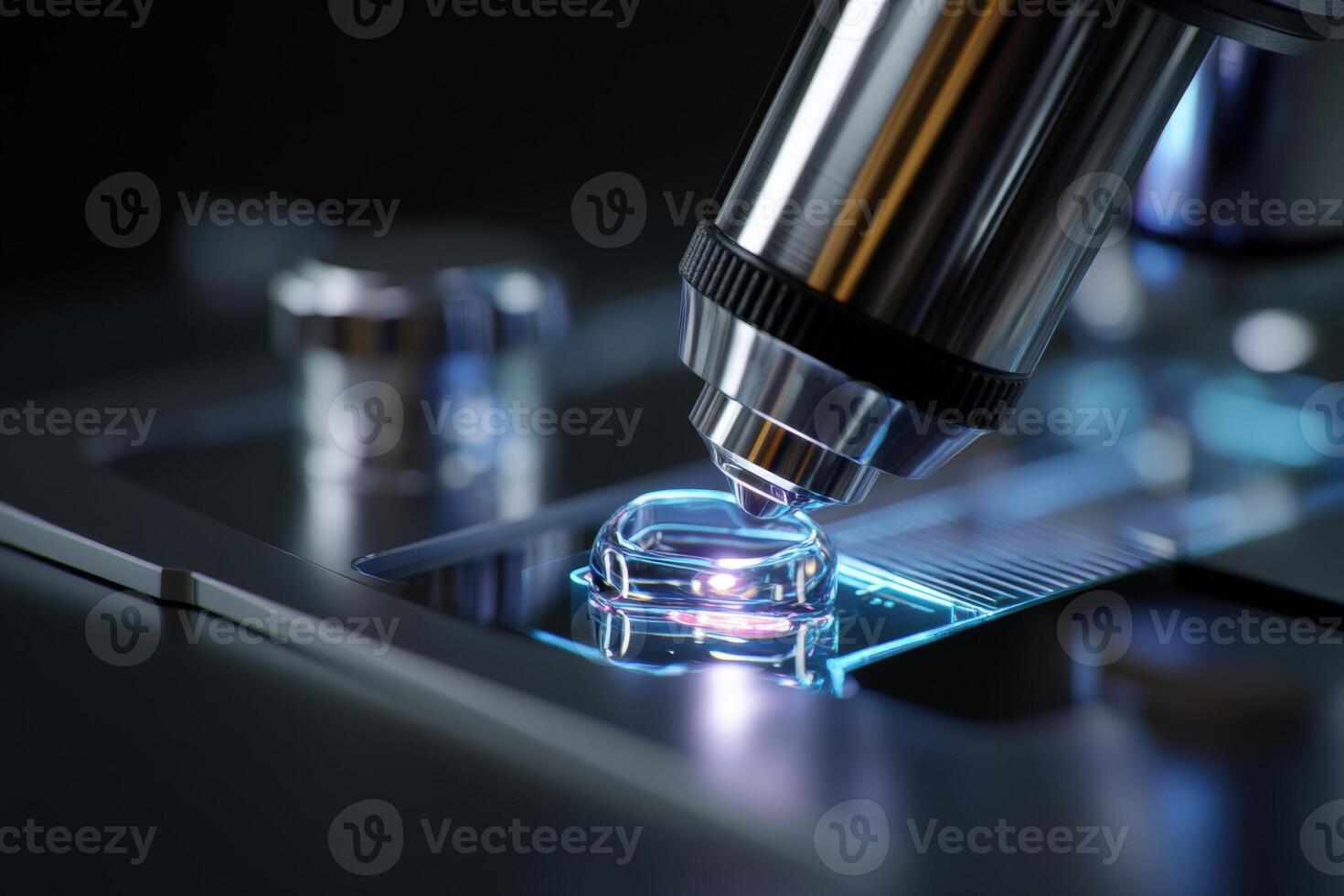 Microscope lens focusing on a glass slide under bright light, showcasing scientific observation in detail. Metal parts reflect light, creating a high-tech, futuristic appearance photo