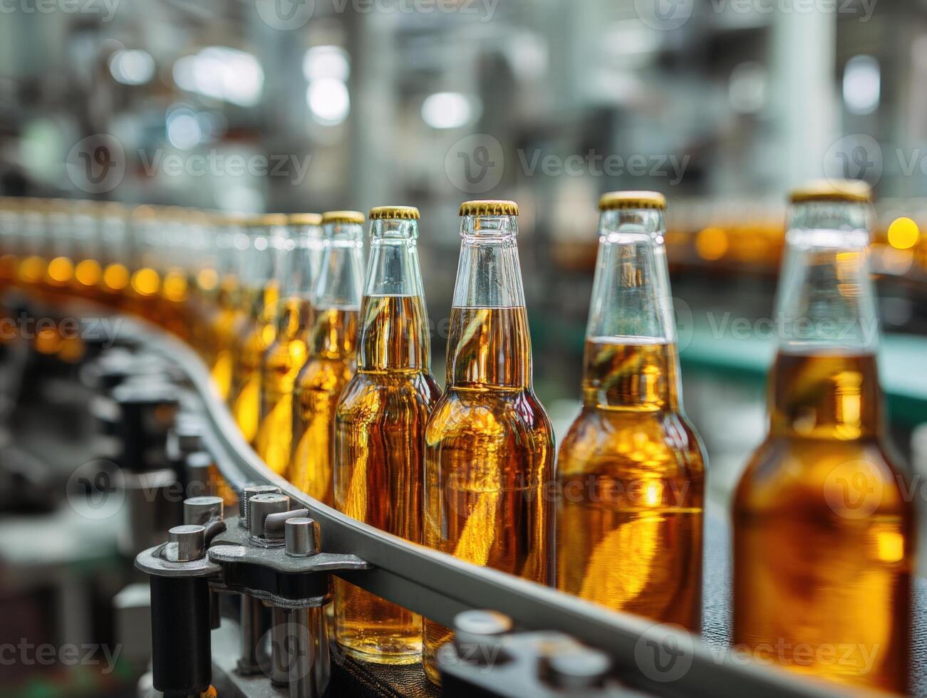 Bottles filled with amber liquid are lined in rows on a moving conveyor inside an industrial production facility, with a blurred background creating a sense of depth and movement photo