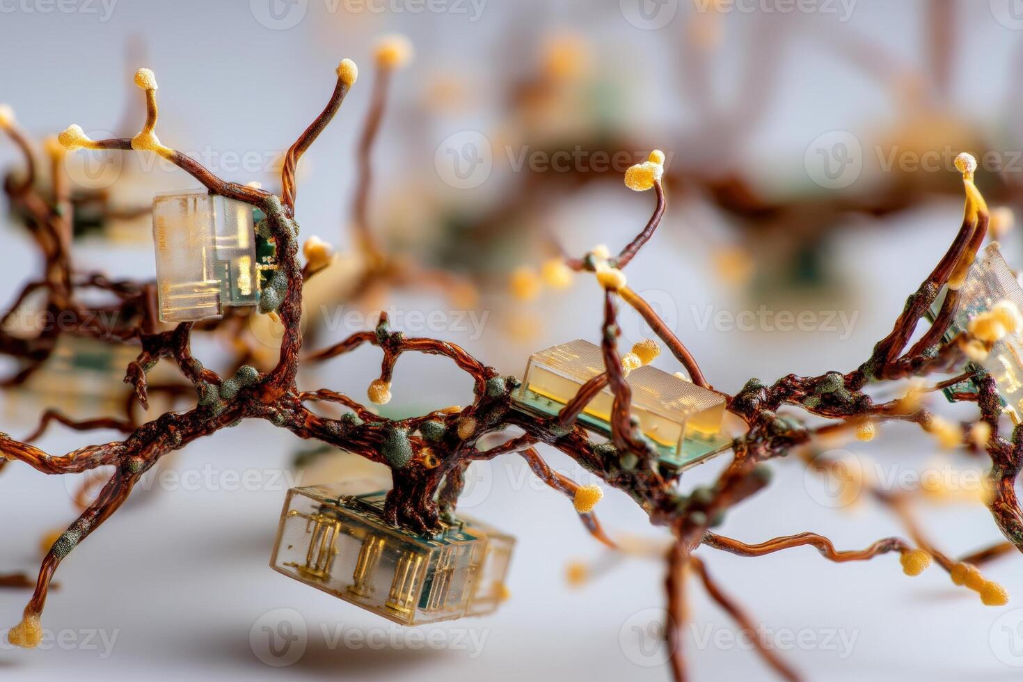 A close-up of intricate wire structures resembling tree branches with translucent cubes attached, abstract and delicate, featuring tiny yellow nodes distributed along the branches photo