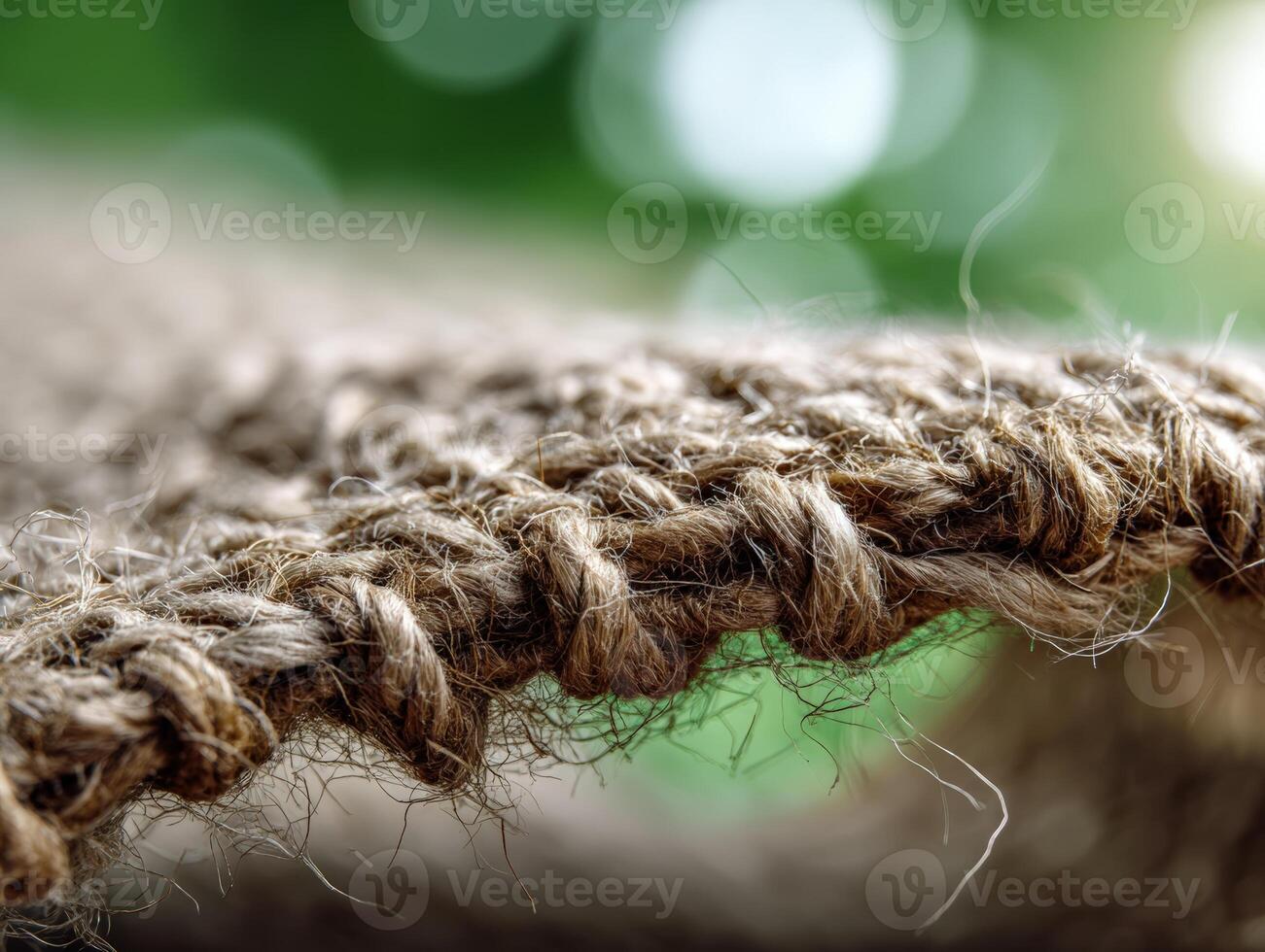 Close-up of woven textured fibers with fine strands and natural beige tones. The background is softly blurred with green and white circular bokeh, enhancing the rustic, organic feel photo