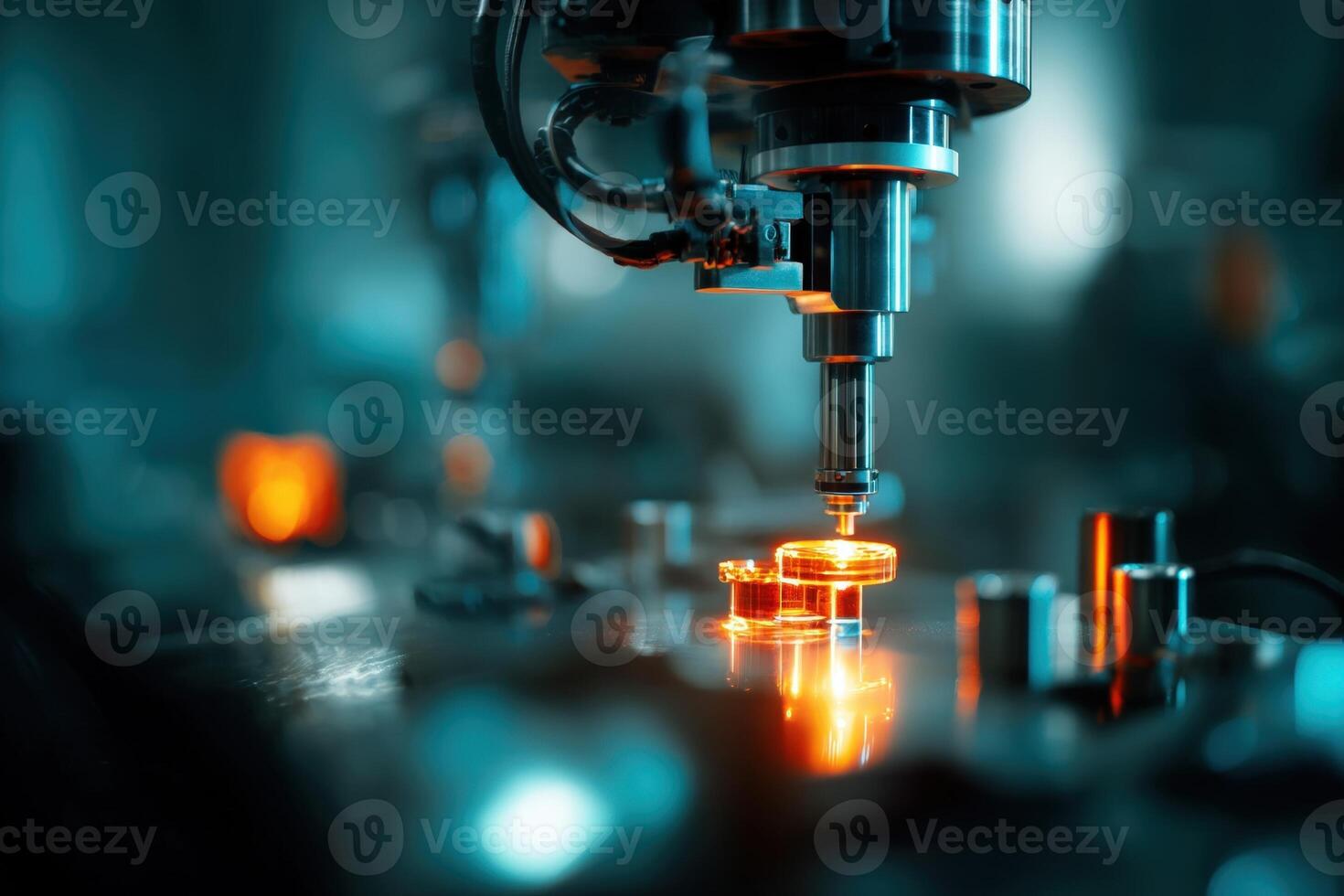 Close-up of CNC machinery in action, with bright orange glow reflecting from metal parts. The blurred background features more machines and softly lit industrial environment photo