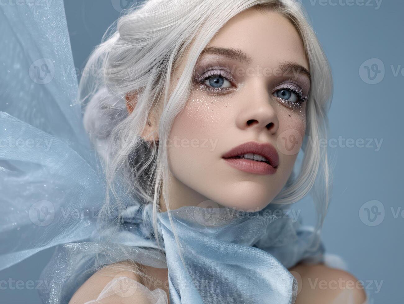 Elegant woman with platinum hair and blue eyes gazes forward, wrapped in sheer blue fabric. Her makeup is soft with glittering details around her eyes, conveying a magical and ethereal aura photo