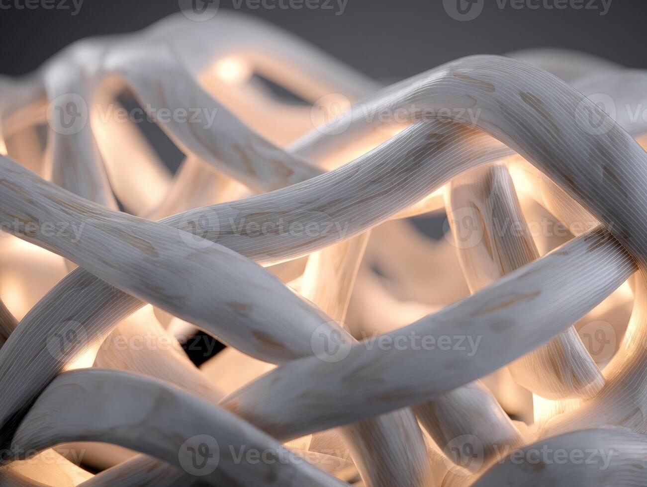 Interwoven wooden strands with smooth texture and white finish create a complex pattern, illuminated softly from within. The light source casts a warm glow, enhancing the intricate design photo