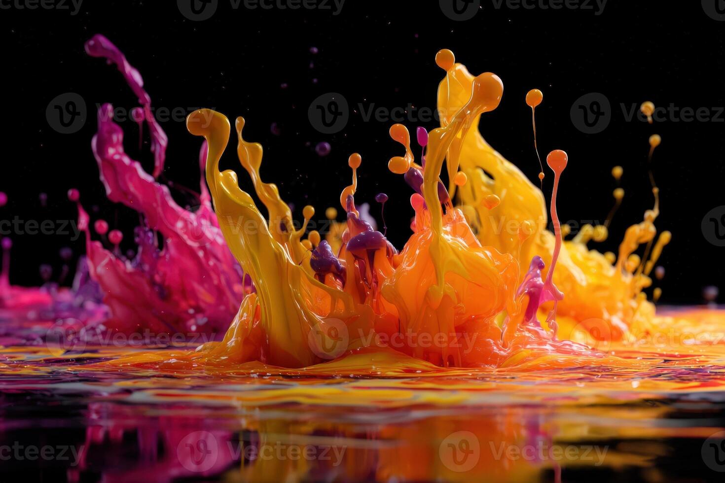 Vibrant splashes of yellow, pink, and orange paint erupt in dynamic motion, creating striking and colorful patterns against a dark backdrop, highlighting energy and creativity photo