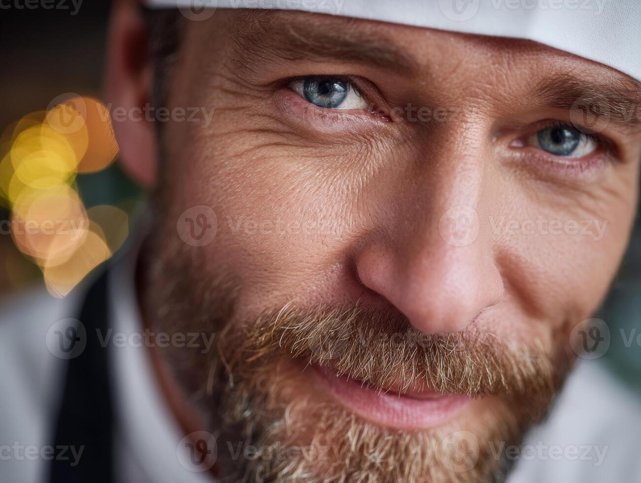 Close-up of a bearded man with blue eyes wearing a white hat, smiling slightly. The photograph highlights facial details, showing texture and expression with blurred lights in the background photo
