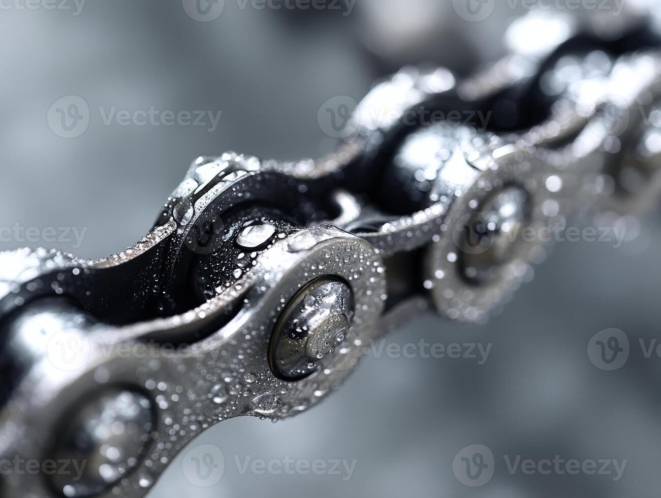 Close-up of a metallic chain with water droplets on its surface, showcasing details of the links. The focus is on the shiny texture and the wet appearance, enhancing the intricate design photo