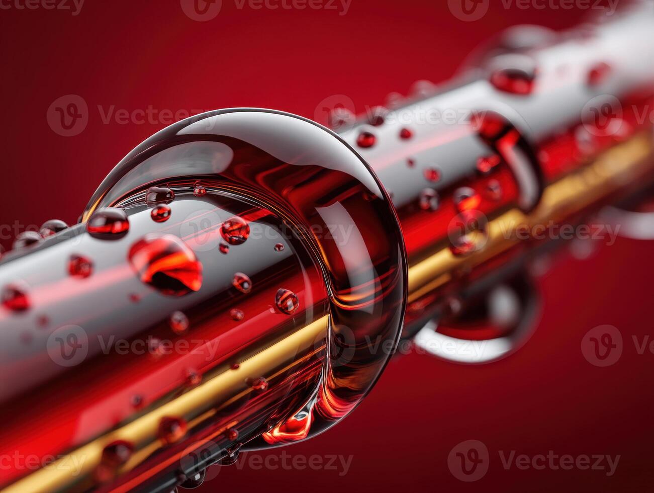 Close-up of a glossy red liquid with bubbles over a gold tube, creating a futuristic and abstract appearance. The smooth flow of liquid highlights its reflective texture photo