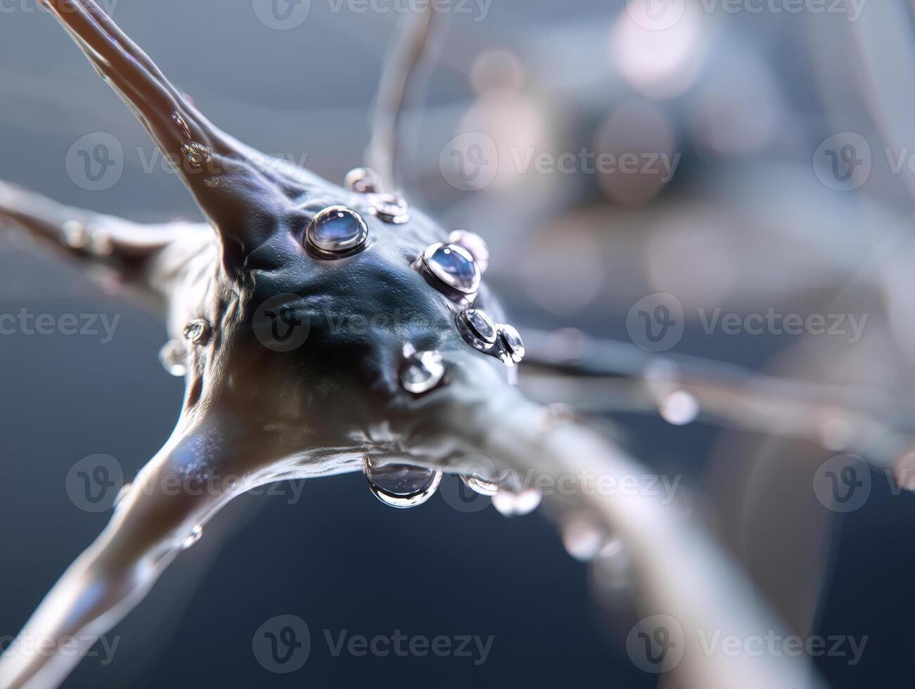 Close-up of a neuron with water droplets, reflecting light with a smooth, blurred background, capturing the intricate structure and texture in sharp detail photo