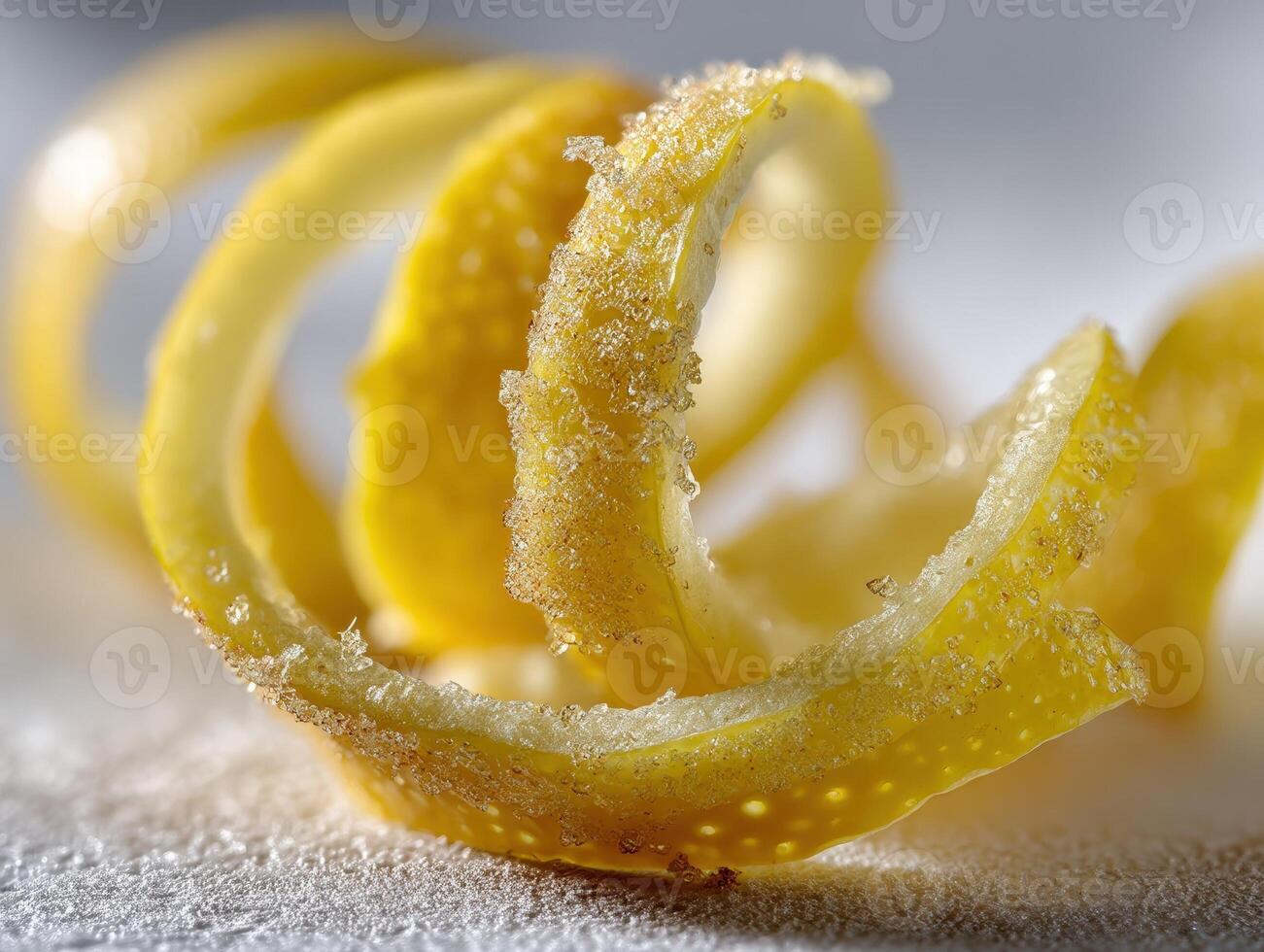 Curled citrus peel with visible sugar crystals glistens attractively under soft lighting, showcasing its textured and slightly translucent surface in an artistic and close-up composition photo